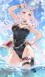 Rule 34 | 1girl, absurdres, animal ears, bare shoulders, black one-piece swimsuit, bochibochi (gyuuniku 6000), bracelet, breasts, cleavage, dripping, eyewear on head, gold ship (run revolt launcher) (umamusume), gold ship (umamusume), grey hair, grin, hand on own hip, highres, horse ears, horse girl, jewelry, large breasts, long hair, looking at viewer, one-piece swimsuit, outdoors, purple eyes, revision, smile, solo, sunglasses, sunlight, swimsuit, thigh strap, thighs, umamusume, wet