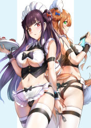 Rule 34 | 2girls, alternate costume, alternate hairstyle, apron, arm strap, ass, ass cutout, back-to-back, bare shoulders, breasts, brown hair, butt crack, cleavage, cleavage cutout, clothing cutout, commentary request, cowboy shot, crop top, double bun, enmaided, from below, frown, girls&#039; frontline, green eyes, hair between eyes, hair bun, hair ribbon, half updo, himonoata, large breasts, long hair, looking at viewer, maid, maid apron, maid headdress, midriff, multiple girls, one side up, parted lips, purple hair, red eyes, ribbon, sidelocks, skindentation, sleeveless, smile, springfield (girls&#039; frontline), thighhighs, thighs, tray, underboob cutout, wa2000 (girls&#039; frontline), waist apron, white apron, white legwear, wing collar