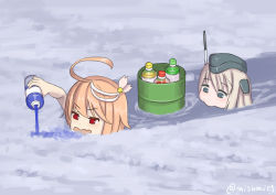 Rule 34 | 2girls, :&gt;, ahoge, artist name, blonde hair, blue eyes, bottle, commentary request, drum (container), eating, garrison cap, hair ornament, hat, i-58 (kancolle), ice, kantai collection, misumi (niku-kyu), multiple girls, open mouth, partially submerged, red eyes, short hair, swimming, syrup, twitter username, u-511 (kancolle), water