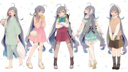 Rule 34 | 1girl, ahoge, bag, barefoot, beret, black socks, blue hair, blush, boots, burger, closed eyes, colis, confetti, cross-laced footwear, crossed arms, dress, earrings, eating, flower, food, full body, grey hair, grey socks, hair between eyes, hair flower, hair ornament, hair ribbon, hat, high heels, holding, holding food, jewelry, kantai collection, kiyoshimo (kancolle), kneehighs, lace-up boots, long hair, long sleeves, low twintails, multicolored hair, multiple views, musashi (kancolle), musashi kai ni (kancolle), open mouth, pantyhose, pink socks, ribbon, shirt, shoulder bag, skirt, smile, socks, standing, stuffed toy, twintails, two-tone hair, very long hair, white shirt