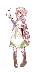 Rule 34 | 1girl, apron, bell, book, boots, character name, checkered clothes, checkered kimono, cross-laced footwear, dress, female focus, full body, green dress, hair bell, hair ornament, holding, japanese clothes, kimono, lace-up boots, long sleeves, looking at viewer, motoori kosuzu, pink hair, red eyes, red hair, short hair, short twintails, simple background, smile, solo, standing, touhou, twintails, two side up, white background, wide sleeves, yetworldview kaze