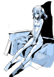 Rule 34 | 1girl, bed, blue theme, jewelry, monochrome, necklace, no nipples, nude, on bed, original, short hair, single sock, sitting, sketch, socks, solo, tajima ryuushi, twintails, v arms