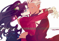 Rule 34 | 1boy, 1girl, archer (fate), bad id, bad pixiv id, blue eyes, bomber jacket, brown hair, coco (pixiv1133712), dark skin, dark-skinned male, fate/stay night, fate (series), flower, hair flower, hair ornament, hetero, highres, jacket, jewelry, necklace, tohsaka rin, two side up, white hair