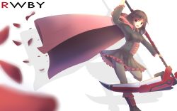 Rule 34 | &gt;:d, 1girl, :d, absurdres, blurry, brown hair, cape, copyright name, depth of field, highres, holding, hood, looking at viewer, open mouth, pantyhose, pleated skirt, red eyes, ruby rose, rwby, ryu narb, scythe, short hair, skirt, smile, solo, v-shaped eyebrows
