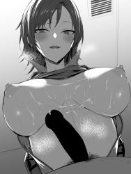 Rule 34 | absurdres, after paizuri, breasts, breasts apart, cleavage, clothes lift, cum, cum on body, cum on breasts, cum on upper body, greyscale, highres, hiiragi yuuichi, kazama asuka, large breasts, monochrome, nipples, no bra, penis, shirt lift, solo focus, tekken