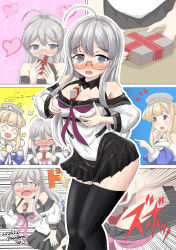Rule 34 | 2girls, @ @, between breasts, blonde hair, blush, breasts, closed eyes, collarbone, commentary request, dated, embarrassed, fletcher (kancolle), gift, glasses, grey hair, heart, heywood l. edwards (kancolle), highres, kantai collection, long hair, looking at viewer, medium breasts, multiple girls, open mouth, pointing, pushing away, school uniform, senon, thighhighs, valentine