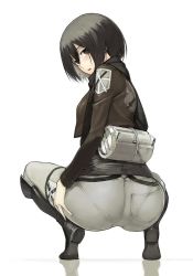 Rule 34 | 1girl, ass, black eyes, black hair, boots, cropped jacket, emblem, full body, highres, jacket, knee boots, looking back, mikasa ackerman, military, military uniform, namaniku atk, open clothes, open jacket, open mouth, pantylines, paradis military uniform, shingeki no kyojin, short hair, simple background, solo, source request, squatting, strap, training corps (emblem), uniform, white background