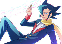 Rule 34 | 1boy, aqua eyes, aqua hair, buttons, character name, coin, commentary request, creatures (company), fingernails, game freak, grimsley (pokemon), hair over one eye, half-closed eyes, highres, holding, holding coin, jacket, long sleeves, looking to the side, male focus, momoji (lobolobo2010), nintendo, pants, parted lips, pokemon, pokemon bw, smile, solo, white background