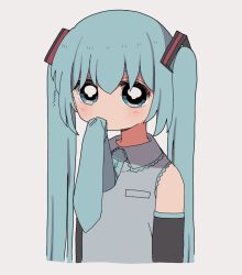 Rule 34 | 1girl, blue eyes, blue hair, blue shirt, commentary, detached sleeves, facing viewer, hatsune miku, highres, long hair, looking at viewer, meme, mouth hold, necktie, necktie on mouth, nekokawaii milk, shirt, simple background, solo, twintails, upper body, vocaloid, white background