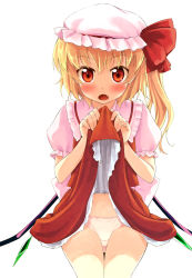 Rule 34 | 1girl, blonde hair, blush, clothes lift, fang, flandre scarlet, hat, long hair, looking at viewer, mob cap, nullken, open mouth, panties, red eyes, side ponytail, simple background, skirt, skirt lift, solo, touhou, underwear, white background