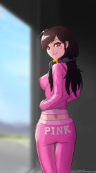 Rule 34 | 1girl, alternate costume, ass, blush, breasts, brown eyes, brown hair, casual, clothes writing, covered erect nipples, d.va (overwatch), day, dimples of venus, english text, facial mark, from behind, headphones, headphones around neck, highres, impossible clothes, jacket, kim yj, large breasts, long hair, looking at viewer, looking back, overwatch, overwatch 1, pants, parted lips, pink lips, sideboob, smile, solo, thigh gap, track jacket, track suit, whisker markings