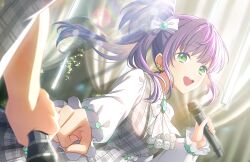 Rule 34 | 2girls, :d, bow, dress, dutch angle, fist bump, floating hair, floral print, floral print bow, game cg, green eyes, grey dress, hair bow, hair bun, hanging light, highres, hinoshita kaho, holding, holding microphone, lens flare, lens flare abuse, link! like! love live!, lone nape hair, long hair, long sleeves, looking at viewer, love live!, microphone, multiple girls, official art, open mouth, otomune kozue, out of frame, plaid, plaid dress, puffy long sleeves, puffy sleeves, purple bow, purple hair, side ponytail, sidelocks, single side bun, smile, stage curtains, teeth, third-party source, upper teeth only, virtual youtuber, white bow, white sleeves