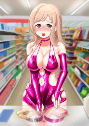 Rule 34 | 1girl, absurdres, bare shoulders, bench, blonde hair, blush, bodycon, box, breasts, bridal gauntlets, brown eyes, cash register, choker, cleavage, clenched hand, clothing cutout, collarbone, condom box, controller, covered erect nipples, cowboy shot, dress, dress tug, ear blush, elbow gloves, english text, female focus, fishnet thighhighs, fishnets, gloves, green panties, half-closed eyes, harigane mutsumi (harigane623), heart, heart choker, highres, idolmaster, idolmaster shiny colors, indoors, japanese text, large breasts, long hair, looking at viewer, navel cutout, navel piercing, nose blush, o-ring dress, okamoto condoms, open mouth, panties, panty peek, piercing, pink choker, pink dress, pink gloves, pink thighhighs, public indecency, remote control, remote control vibrator, sakuragi mano, sex toy, shiny clothes, shop, shopping, side cutout, sidelocks, single thighhigh, skindentation, sleeveless, sleeveless dress, solo, standing, storefront, string panties, tears, teeth, textless version, thigh strap, thighhighs, tongue, translation request, underwear, vibrator, vibrator cord, vibrator under clothes, x-ray