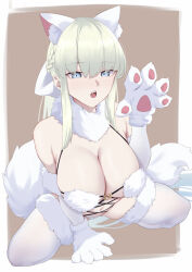 Rule 34 | 1girl, :o, absurdres, all fours, animal ear fluff, animal ears, bare shoulders, blonde hair, blue eyes, braid, breasts, cleavage, cosplay, fate/grand order, fate (series), french braid, fringe trim, fur collar, fur trim, gloves, highres, large breasts, long hair, looking at viewer, mash kyrielight, mash kyrielight (dangerous beast), mash kyrielight (dangerous beast) (cosplay), morgan le fay (fate), navel, okuma707, pale skin, solo, tail, thighhighs