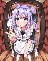 Rule 34 | 1girl, :o, absurdres, ahoge, alternate costume, apron, azur lane, black dress, black ribbon, blush, bow, commentary request, dress, enmaided, fingernails, fisheye, frilled apron, frills, hair between eyes, hair bun, hair ribbon, highres, maid, maid apron, norazura, on shoulder, one side up, pantyhose, parted lips, puffy short sleeves, puffy sleeves, purple eyes, purple hair, reaching, reaching towards viewer, ribbon, short sleeves, side bun, single hair bun, single side bun, solo, standing, stuffed animal, stuffed toy, stuffed unicorn, unicorn (azur lane), white apron, white bow, white pantyhose, wooden floor