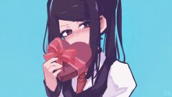 Rule 34 | 1girl, absurdres, black hair, black vest, blue background, blush, box, box of chocolates, collared shirt, covering own mouth, gift, heart-shaped box, highres, holding, holding gift, jill stingray, looking at viewer, necktie, nose blush, parted bangs, portrait, red eyes, red necktie, rnna, shirt, simple background, solo, twintails, va-11 hall-a, valentine, vest, white shirt