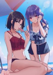 Rule 34 | 2girls, absurdres, adjusting hair, asagami fujino, bad id, bad pixiv id, bare legs, bare shoulders, barefoot, beach, bikini, bird, black eyes, black hair, black skirt, blue hair, blue sky, blush, breasts, camisole, collarbone, commentary, day, food, from below, hair ornament, hairclip, hand on own leg, head tilt, highres, holding, holding food, in mouth, kara no kyoukai, kneeling, large breasts, lens flare, long hair, looking at viewer, medium breasts, miniskirt, mismatched bikini, multiple girls, navel, no pupils, ocean, okakasushi, outdoors, parasol, parted bangs, plaid, plaid shirt, popsicle, red camisole, red eyes, ryougi shiki, seagull, shirt, short hair, short sleeves, sidelocks, sitting, skirt, sky, sleeveless, smile, stomach, sweat, swimsuit, symbol-only commentary, tankini, umbrella, yokozuwari