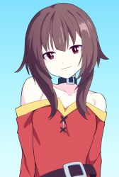 Rule 34 | 1girl, arms at sides, bare shoulders, belt, black belt, black choker, bright pupils, brown hair, choker, closed mouth, collarbone, commentary request, dress, hair between eyes, head tilt, kono subarashii sekai ni shukufuku wo!, blue background, looking at viewer, megumin, no headwear, noyama takenoko, red dress, red eyes, short hair with long locks, simple background, smile, smug, solo, straight-on, strapless, strapless dress, upper body