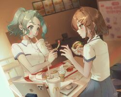 Rule 34 | 2girls, aqua eyes, aqua hair, baekryang, blue skirt, blush, brown eyes, brown hair, burger, dated, drinking, drinking straw, drinking straw in mouth, earrings, eyelashes, fast food, food, french fries, from side, hair ornament, hairpin, highres, holding, holding burger, holding food, ice cream, indoors, ipad, jewelry, ketchup, light particles, long hair, looking at another, mcdonald&#039;s, menu, menu board, multiple girls, original, phone, pleated skirt, ponytail, poster (object), profile, restaurant, school uniform, short hair, signature, sitting, skirt, smile, stud earrings, table, tablet pc, tray, upper body, wavy ends