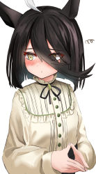 Rule 34 | 1girl, absurdres, ahoge, animal ears, black hair, black skirt, blush, brown shirt, closed mouth, commentary request, eyes visible through hair, fingers together, hair over one eye, highres, horse ears, long sleeves, looking away, looking to the side, manhattan cafe (umamusume), nose blush, puffy long sleeves, puffy sleeves, shirt, simple background, skirt, solo, squiggle, umamusume, upper body, white background, yukimachi urei