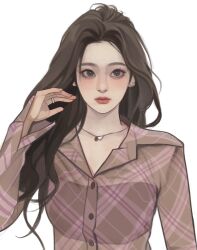 Rule 34 | 1girl, absurdres, aespa, black eyes, black tube top, blush, brown hair, brown shirt, collarbone, expressionless, hand in own hair, highres, jewelry, k-pop, looking to the side, necklace, ningning (aespa), open hand, plaid, plaid shirt, procreate (medium), real life, red lips, ring, shirt, simple background, solo, strapless, tube top, upper body, white background, yubbai