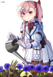 Rule 34 | 1girl, black pantyhose, blue flower, bow, braid, breasts, commission, flower, gamryous, gardening, girls&#039; frontline, gloves, hair bow, hair ornament, hairclip, hexagram, highres, holding, holding watering can, long hair, long sleeves, medium breasts, negev (girls&#039; frontline), one side up, pantyhose, pink hair, red bow, red eyes, smile, solo focus, star of david, watering, watering can, white gloves