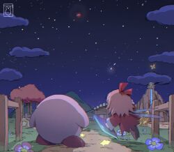 Rule 34 | 1boy, 1girl, bendedede, block (object), bow, brown footwear, bug, butterfly, cabin, cloud, dress, fairy, fairy wings, fence, flower, glowing, grass, hair bow, holding crystal, insect, kirby, kirby (series), kirby 64, night, night sky, nintendo, pink hair, pointing, pointing up, red bow, red dress, red footwear, red ribbon, ribbon, ribbon (kirby), ripple star, road, shooting star, sky, star (sky), star (symbol), star block, starry sky, tree, wings, wooden fence