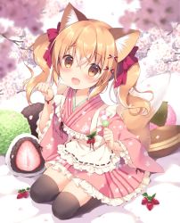 Rule 34 | 1girl, :d, animal ears, apron, black thighhighs, blush, bow, brown eyes, cherry blossoms, commentary, day, flower, food, fox ears, fox tail, frilled apron, frilled skirt, frills, hair between eyes, hair bow, hair flower, hair ornament, highres, holding, japanese clothes, kimono, light brown hair, long hair, long sleeves, looking at viewer, miyasaka miyu, open mouth, original, petals, pink kimono, red bow, seiza, sitting, skirt, smile, solo, sunshine creation, symbol-only commentary, tail, thighhighs, twintails, waist apron, white apron, wide sleeves