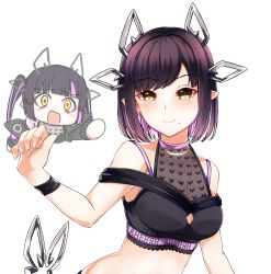 Rule 34 | 2girls, absurdres, black hair, black shirt, blouse, blunt bangs, blush, breasts, character request, chibi, cleavage, closed mouth, commentary request, copyright request, cosplay, crop top, dameyoshi, demon girl, demon horns, demon tail, heart, heart print, highres, horns, kojo anna, kojo anna (1st costume), kojo anna (cosplay), long hair, medium breasts, multicolored hair, multiple girls, nanashi inc., open mouth, pink hair, pointy ears, print shirt, see-through, see-through cleavage, see-through shirt, shirt, short hair, simple background, sleeveless, sleeveless shirt, smile, sugar lyric, tail, twintails, two-tone hair, upper body, virtual youtuber, white background, wristband, yellow eyes