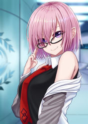 Rule 34 | 1girl, bare shoulders, black-framed eyewear, closed mouth, fate/grand order, fate (series), glasses, looking at viewer, mash kyrielight, mizunashi hayate, necktie, off shoulder, pink hair, purple eyes, red necktie, short hair, smile, solo, upper body
