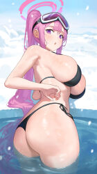 Rule 34 | 1girl, ass, bare arms, bare shoulders, bikini, black bikini, blue archive, blue sky, breasts, commentary request, day, eimi (blue archive), eimi (swimsuit) (blue archive), highres, large breasts, long hair, looking at viewer, nhaliz, parted lips, pink eyes, pink hair, ponytail, sky, solo, swimsuit, very long hair, wading, water