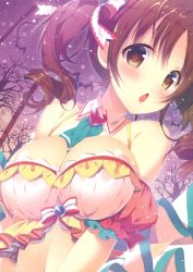 Rule 34 | 10s, 1girl, absurdres, bare shoulders, blush, breasts, brown eyes, brown hair, chestnut mouth, cleavage, close-up, crop top, detached collar, detached sleeves, hair ribbon, heart, highres, idolmaster, idolmaster cinderella girls, large breasts, long hair, looking at viewer, mitsumomo mamu, open mouth, puffy short sleeves, puffy sleeves, ribbon, scan, short sleeves, solo, totoki airi, twintails, upper body
