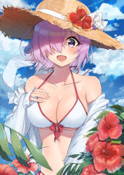 Rule 34 | 1girl, ayul (ayulneri 92), bare shoulders, bikini, blue sky, blush, bow, breasts, cleavage, collarbone, fate/grand order, fate (series), flower, hair over one eye, halterneck, halterneck, hand on own chest, hat, highres, large breasts, light purple hair, looking at viewer, mash kyrielight, mash kyrielight (swimsuit of perpetual summer), navel, off shoulder, official alternate costume, open mouth, pink bow, purple eyes, short hair, side-tie bikini bottom, sky, smile, solo, straw hat, swimsuit, white bikini