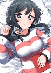 Rule 34 | 1girl, absurdres, bed, bed sheet, black eyes, black hair, blush, book, breasts, commentary request, grey eyes, highres, large breasts, long hair, looking at viewer, love live!, love live! nijigasaki high school idol club, lying, on bed, pillow, semi-rimless eyewear, shirt, solo, striped clothes, striped shirt, totoki86, twintails, yuuki setsuna (love live!)