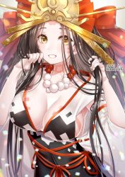 Rule 34 | 1girl, black hair, blush, breasts, brown eyes, cleavage, dress, fate (series), hakuda tofu, highres, himiko (fate), himiko (third ascension) (fate), jewelry, looking at viewer, magatama, magatama necklace, necklace, no bra, parted bangs, smile