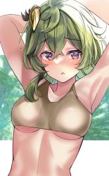 Rule 34 | 1girl, :o, absurdres, armpits, bare arms, bare shoulders, blush, breasts, collei (genshin impact), commentary request, crop top, genshin impact, green hair, hair ornament, highres, looking at viewer, medium breasts, medium hair, open mouth, purple eyes, raised eyebrows, shiitake taishi, solo, tank top, underboob, upper body