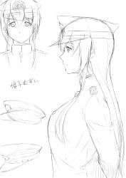 Rule 34 | 10s, 1girl, arms behind back, breasts, character sheet, epaulettes, female admiral (kancolle), greyscale, hair between eyes, hat, highres, kantai collection, large breasts, long hair, looking at viewer, military, military hat, military uniform, monochrome, multiple views, niwatazumi, peaked cap, sidelocks, sketch, tatebayashi sakurako, translation request, uniform, upper body, white background