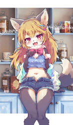 Rule 34 | 1girl, akuma gaoru, animal ear fluff, animal ears, animal nose, black fur, blonde hair, blue shirt, body fur, clothes writing, cutoffs, denim, denim shorts, dog ears, dog girl, dog tail, fangs, furry, furry female, futaba channel, hair ornament, hairclip, hand on own chest, highres, indoors, jacket, jar, kolshica, long hair, looking at viewer, midriff, navel, nijiura, off shoulder, open mouth, red eyes, shelf, shirt, short shorts, shorts, sleeveless, sleeveless shirt, smile, solo, tail, thigh gap, thighs, two-tone fur, unbuttoned, open fly, white fur, white jacket