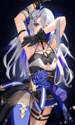 Rule 34 | 1girl, amane kanata, amane kanata (another world), arm strap, arm up, armpits, asymmetrical hair, black background, black collar, black dress, black gloves, blue flower, blue hair, blue rose, blue thighhighs, collar, colored inner hair, commentary, corset, covered mouth, cowboy shot, dress, flat chest, flower, frilled gloves, frills, gloves, gold trim, grey hair, hair between eyes, hair ornament, halo, hand in own hair, heart o-ring, highres, hololive, lace trim, long hair, looking at viewer, multicolored hair, o-ring, o-ring top, official alternate costume, one eye covered, purple eyes, rose, simple background, single hair intake, single thighhigh, solo, standing, thigh strap, thighhighs, thomas 8000, two-tone hair, virtual youtuber