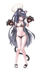 Rule 34 | 1girl, absurdres, animal ears, animal hands, bare legs, bikini, black bikini, black hair, blue archive, blue eyes, blue hairband, blush, breasts, cardigan, cat ears, cat tail, commentary, crossed bangs, embarrassed, fake animal ears, fake tail, feet, full body, furrowed brow, gloves, gluteal fold, grey cardigan, hair between eyes, hairband, halo, hands up, highres, j.j (66752902), jewelry, knees together feet apart, long hair, looking at viewer, medium breasts, navel, necklace, o-ring, o-ring bikini, o-ring bottom, o-ring top, off shoulder, official alternate costume, open cardigan, open clothes, open mouth, paw gloves, ponytail, sandals, simple background, sitting, solo, standing, string bikini, swimsuit, tail, toes, ui (blue archive), ui (swimsuit) (blue archive), very long hair, wavy mouth, white background, yellow halo