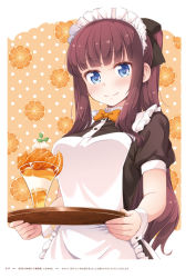 Rule 34 | 1girl, apron, black hairband, black shirt, blue eyes, blunt bangs, brown hair, closed mouth, hairband, highres, holding, holding plate, long hair, looking at viewer, maid, new game!, official art, orange neckwear, page number, plate, ponytail, shirt, short sleeves, sidelocks, smile, solo, standing, takimoto hifumi, tokunou shoutarou, upper body, very long hair, white apron, wing collar