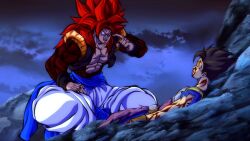 2boys abs black_hair blood blood_on_face cabba commentary derivative_work dragon_ball english_commentary finger_on_forehead fusion gogeta highres invincible_(series) metamoran_vest multiple_boys muscular muscular_male open_mouth pants pectorals red_hair saiyan_armor spiked_hair super_saiyan super_saiyan_4 tcdynamite12 underwear white_pants