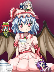 Rule 34 | 4girls, bad id, bad pixiv id, bat wings, blue hair, book, braid, chibi, covering own mouth, crescent, crescent hair ornament, cup, dress, fang, fang out, gradient background, grey eyes, hair ornament, hanging, hat, hat ribbon, hong meiling, izayoi sakuya, long hair, looking at viewer, maid headdress, mob cap, multiple girls, on head, open book, patchouli knowledge, pentagram, person on head, purple background, red eyes, red hair, remilia scarlet, ribbon, seiza, short hair, short sleeves, silver hair, sitting, skirt, skirt set, smile, star (symbol), striped clothes, striped dress, teacup, teapot, tonakai (bunsuka), touhou, twin braids, wings, wrist cuffs