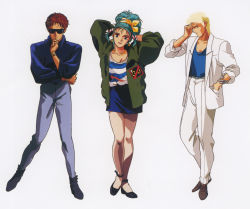 Rule 34 | 1girl, 2boys, 80s, age difference, amuro ray, blonde hair, blue eyes, blue hair, bracelet, brown hair, char&#039;s counterattack, char aznable, fashion, gundam, hair ornament, hand on chin, hand on own face, jacket, jewelry, looking at viewer, multiple boys, official art, oldschool, quess paraya, ribbon, skirt, sunglasses, white background