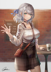 Rule 34 | 1girl, absurdres, between breasts, black choker, black skirt, blue ribbon, braid, breasts, brown bag, casual, choker, closed mouth, cross-laced clothes, cross-laced sleeves, french braid, green eyes, hair ribbon, highres, hololive, huge filesize, ioriwu8, large breasts, light blush, looking at viewer, ribbed sweater, ribbon, shirogane noel, shirogane noel (casual), short hair, silver hair, skirt, smile, solo, strap between breasts, sweater, virtual youtuber, waving, white sweater