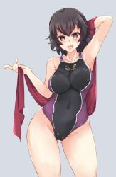 Rule 34 | 10s, 1girl, abenattou, black hair, black one-piece swimsuit, brown hair, caesar (girls und panzer), cameltoe, competition swimsuit, covered navel, cowboy shot, girls und panzer, gluteal fold, grey background, looking at viewer, multicolored clothes, multicolored swimsuit, one-piece swimsuit, open mouth, red towel, short hair, simple background, smile, solo, standing, swimsuit, towel, wide hips