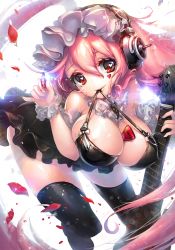 Rule 34 | 1girl, alternate costume, bad id, bad pixiv id, between breasts, bikini, bikini top only, black bikini, black skirt, black thighhighs, blue n, breasts, electric guitar, guitar, headphones, heart, heart-shaped pupils, heart tattoo, instrument, large breasts, long hair, mouth hold, nitroplus, petals, pink hair, red eyes, skirt, solo, super sonico, swimsuit, symbol-shaped pupils, tattoo, thighhighs, very long hair