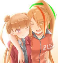 Rule 34 | 10s, 2girls, amabuki maria, arm around shoulder, bad id, bad pixiv id, blonde hair, brown hair, double bun, earrings, eyes visible through hair, hair over one eye, highres, jewelry, long hair, multicolored hair, multiple girls, necktie, nikaidou saki, open mouth, ponytail, smile, streaked hair, stud earrings, totosionz, track suit, twintails, delinquent, zombie land saga