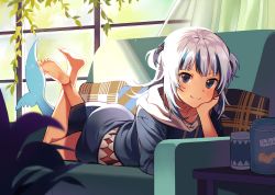 Rule 34 | 1girl, barefoot, blue eyes, blue hair, blue hoodie, closed mouth, commentary, couch, cup, curtains, cushion, day, english commentary, feet up, fins, fish tail, full body, gawr gura, hair ornament, hand on own chin, hand up, head rest, highres, hololive, hololive english, hood, hood down, hoodie, indoors, light rays, looking at viewer, lying, medium hair, multicolored hair, on couch, on stomach, plant, shark hair ornament, shark tail, silver hair, smile, solo, streaked hair, sunbeam, sunlight, tail, toes, two side up, virtual youtuber, window, yunoo (cmzkvneld845)