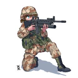 Rule 34 | 1girl, aiming, assault rifle, black footwear, blue eyes, boots, brown hair, camouflage, combat helmet, desert camouflage, full body, grenade launcher, gun, helmet, highres, holding, holding gun, holding weapon, jacket, long sleeves, m16, m16a1, m16a2, medium hair, military, military jacket, military uniform, original, ostwindprojekt, rifle, shadow, simple background, solo, twintails, underbarrel grenade launcher, uniform, weapon, white background